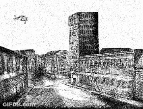 A Black And White Drawing Of A City Street With A Plane Flying Overhead GIF
