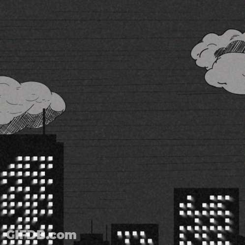 A Black And White Drawing Of A City With A Large Star In The Sky GIF