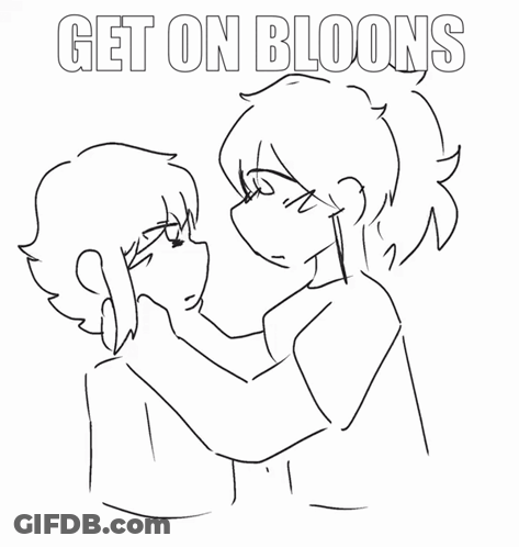 A Black And White Drawing Of A Couple With The Words Get On Bloons Above Them GIF