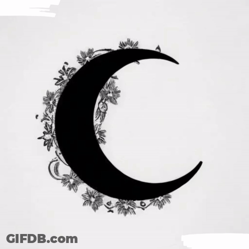A Black And White Drawing Of A Crescent Moon With Flowers And Leaves Around It GIF