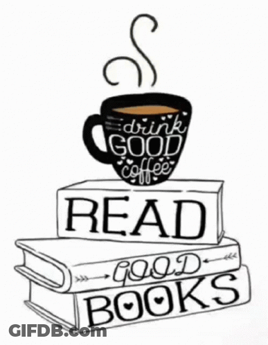 A Black And White Drawing Of A Cup Of Coffee Sitting On Top Of A Stack Of Books . GIF