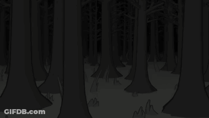 A Black And White Drawing Of A Dark Forest With Trees And Grass GIF