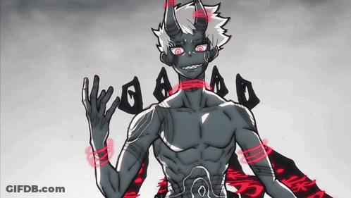 A Black And White Drawing Of A Demon With Red Eyes And A Red Ribbon Around His Neck GIF