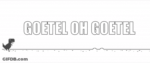 A Black And White Drawing Of A Dinosaur With The Words Goetele Oh Goetele Written Below It . GIF
