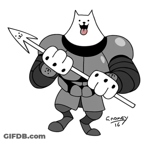 A Black And White Drawing Of A Dog In Armor Holding A Spear With The Name Gnomey Written Below It GIF