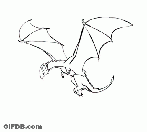 A Black And White Drawing Of A Dragon Flying GIF
