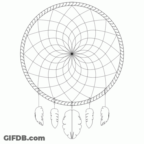 A Black And White Drawing Of A Dream Catcher With Feathers Attached To It GIF