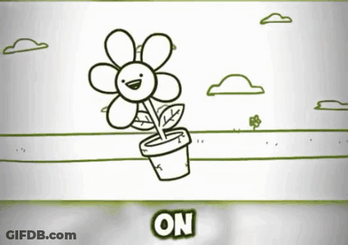 A Black And White Drawing Of A Flower In A Pot With The Words " On " Below It GIF