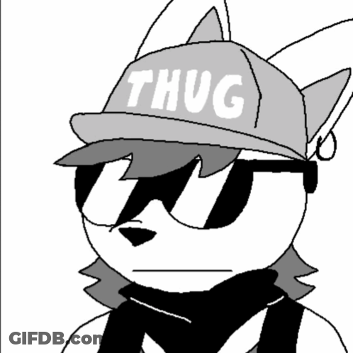 A Black And White Drawing Of A Fox Wearing A Hat That Says Thug GIF