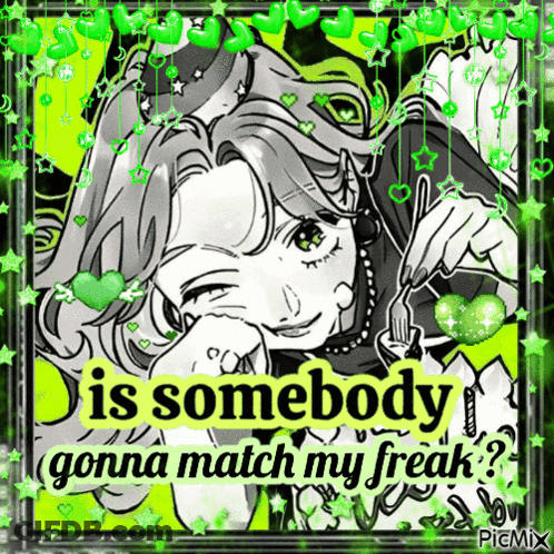 A Black And White Drawing Of A Girl And A Frog With The Words Is Somebody Gonna Match My Freak GIF