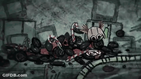 A Black And White Drawing Of A Girl Laying On A Pile Of Candy Canes GIF