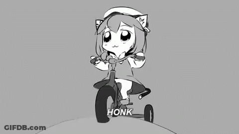 A Black And White Drawing Of A Girl Riding A Tricycle With Honk Written On The Side . GIF