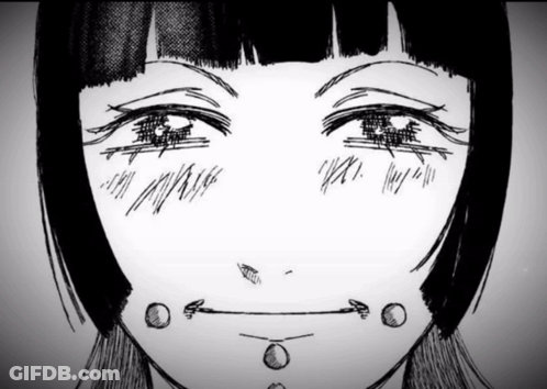 A Black And White Drawing Of A Girl 'S Face With A Smiley Face GIF