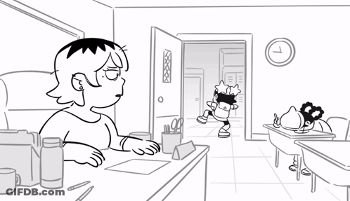 A Black And White Drawing Of A Girl Sitting At A Desk With A Clock On The Wall GIF