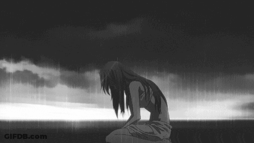 A Black And White Drawing Of A Girl Sitting In The Rain . GIF