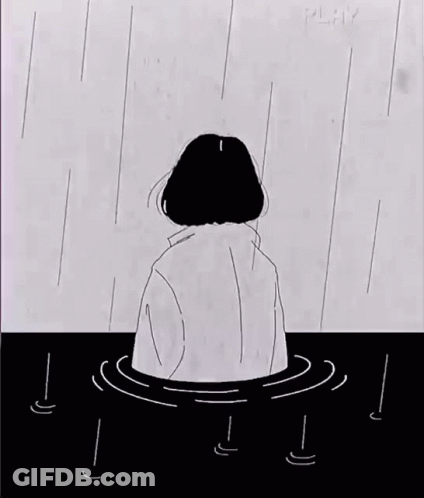 A Black And White Drawing Of A Girl Sitting In The Water In The Rain . GIF