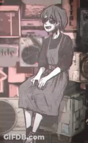 A Black And White Drawing Of A Girl Sitting On A Stool . GIF