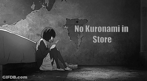 A Black And White Drawing Of A Girl Sitting On The Ground With The Words No Kuronami In Store Above Her GIF