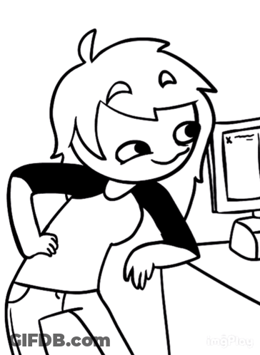 A Black And White Drawing Of A Girl Smiling In Front Of A Computer GIF
