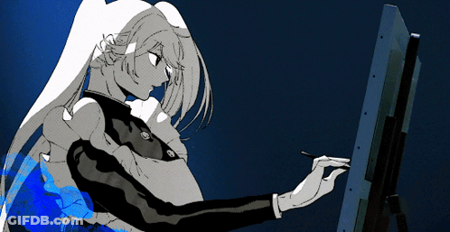 A Black And White Drawing Of A Girl Using A Computer Monitor GIF