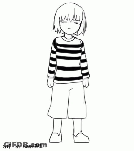A Black And White Drawing Of A Girl Wearing A Striped Sweater And Shorts . GIF