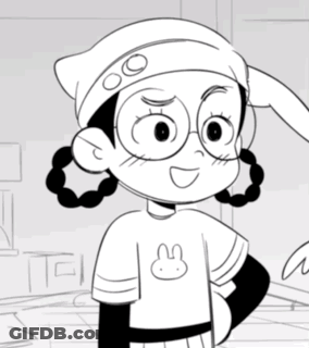A Black And White Drawing Of A Girl Wearing Glasses And A White Shirt With A Bunny On It GIF