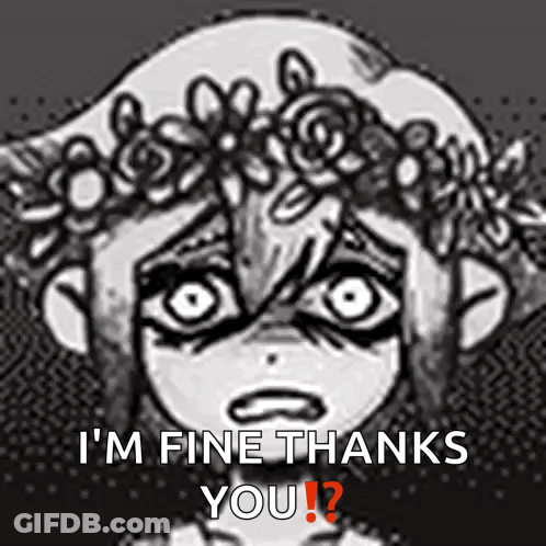 A Black And White Drawing Of A Girl With A Flower Crown On Her Head Says I 'M Fine Thanks You ? GIF
