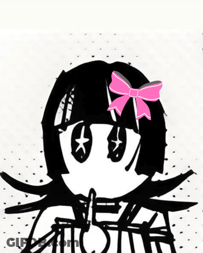 A Black And White Drawing Of A Girl With A Pink Bow GIF