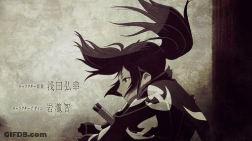 A Black And White Drawing Of A Girl With A Ponytail And A Sword GIF