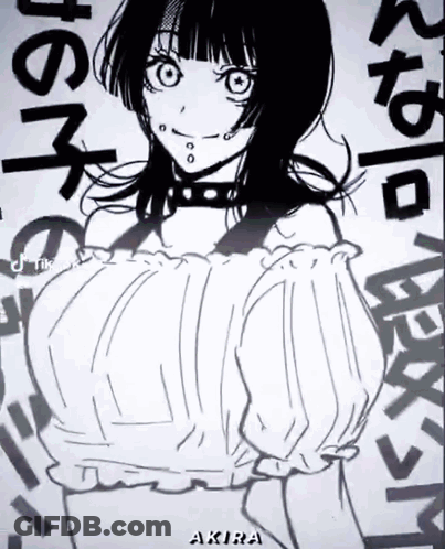A Black And White Drawing Of A Girl With Huge Breasts And A Choker . GIF