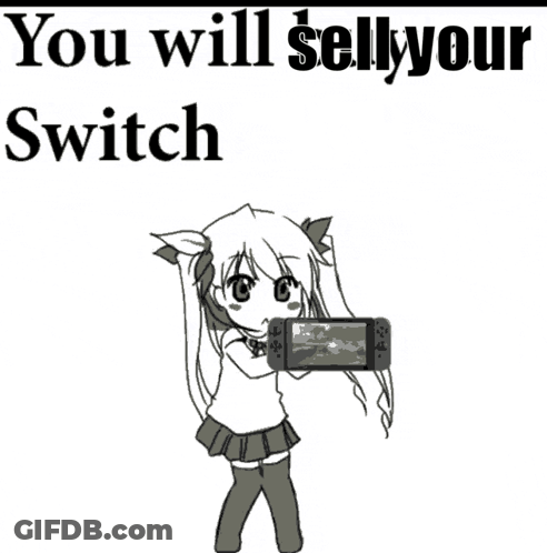 A Black And White Drawing Of A Girl With Pigtails Holding A Nintendo Switch GIF