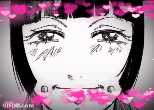 A Black And White Drawing Of A Girl With Pink Hearts Around Her Face GIF