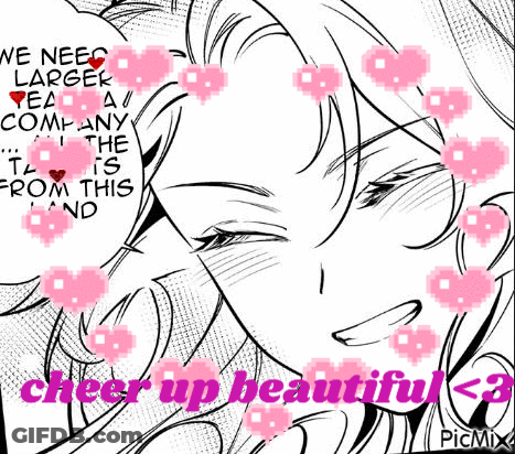A Black And White Drawing Of A Girl With Pink Hearts Around Her Head And The Words `` We Need Larger Tea Company '' . GIF