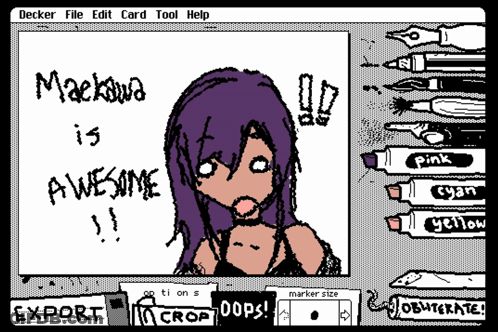 A Black And White Drawing Of A Girl With Purple Hair And The Words Maekawa Is Awesome GIF