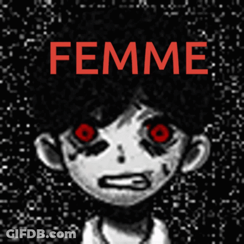 A Black And White Drawing Of A Girl With Red Eyes And The Word Femme In Red Letters GIF