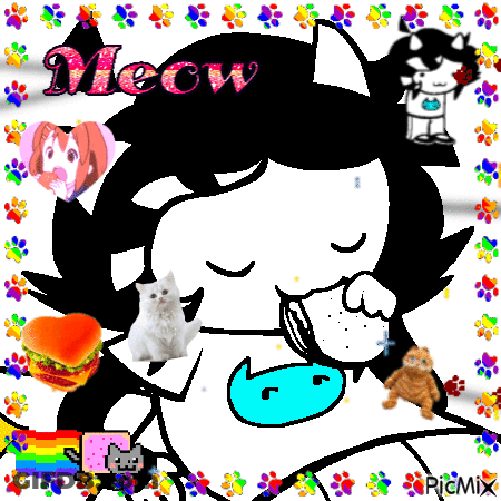 A Black And White Drawing Of A Girl With The Word Meow Written On It GIF