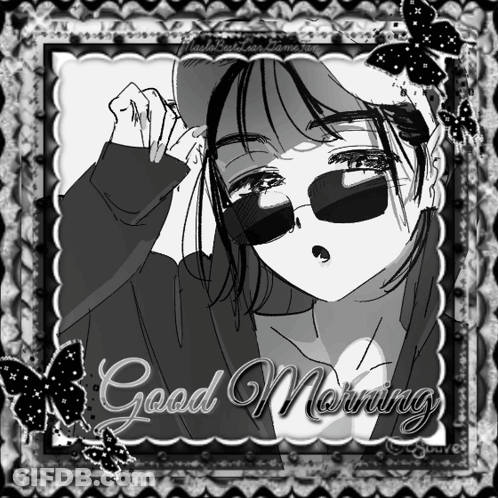 A Black And White Drawing Of A Girl With The Words " Good Morning " On The Bottom GIF