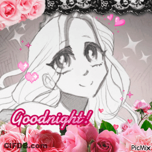 A Black And White Drawing Of A Girl With The Words Goodnight On It GIF