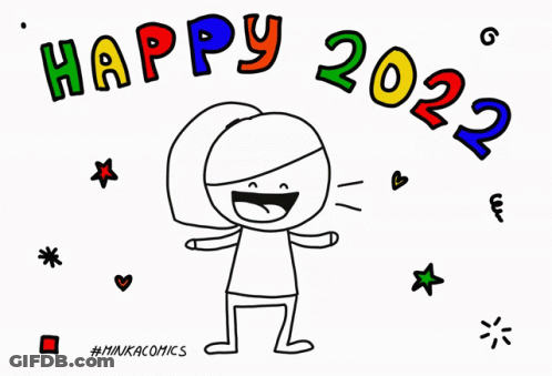 A Black And White Drawing Of A Girl With The Words Happy 2022 GIF
