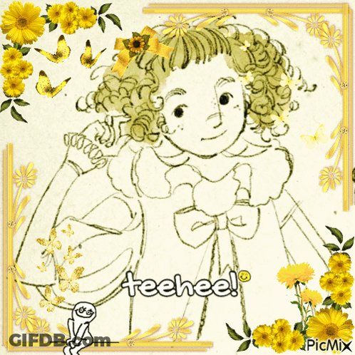 A Black And White Drawing Of A Girl With The Words Teehee On The Bottom GIF