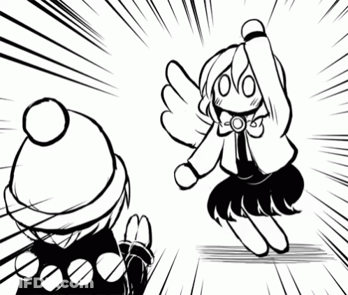 A Black And White Drawing Of A Girl With Wings And A Boy In A Hat . GIF