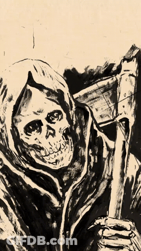 A Black And White Drawing Of A Grim Reaper With A Scythe GIF