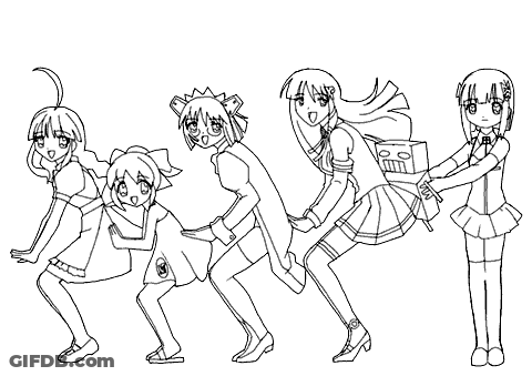 A Black And White Drawing Of A Group Of Anime Girls Standing Next To Each Other GIF