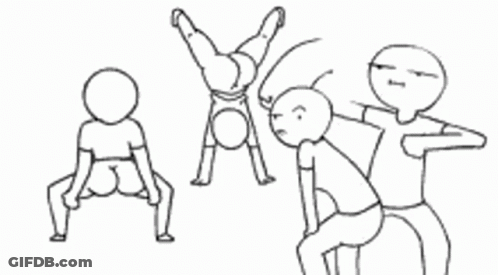 A Black And White Drawing Of A Group Of People Doing A Handstand And Sitting Down . GIF