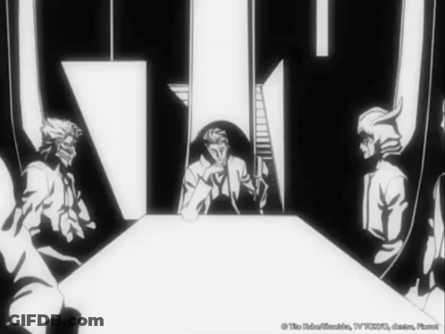 A Black And White Drawing Of A Group Of People Sitting Around A Table With The Words " The Robo Samurai " At The Bottom GIF