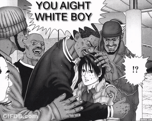 A Black And White Drawing Of A Group Of People With The Words You Aight White Boy Above Them GIF
