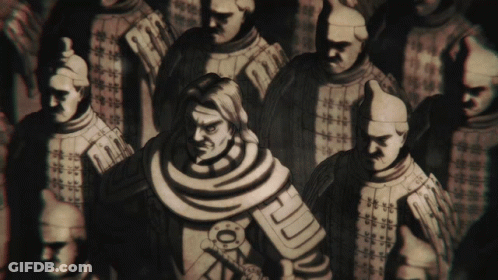 A Black And White Drawing Of A Group Of Soldiers With One Wearing A Circle Around His Neck With The Letter L On It GIF