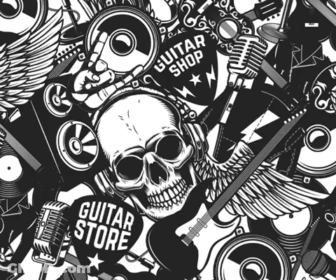 A Black And White Drawing Of A Guitar Shop With A Skull Wearing Headphones And A Guitar GIF