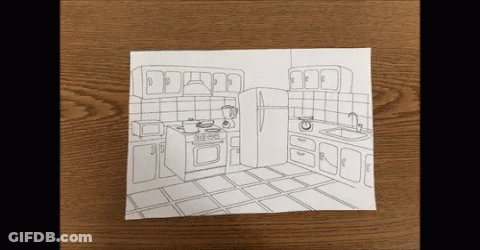 A Black And White Drawing Of A Kitchen With A Refrigerator GIF