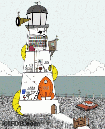 A Black And White Drawing Of A Lighthouse With A Rocket On Top GIF